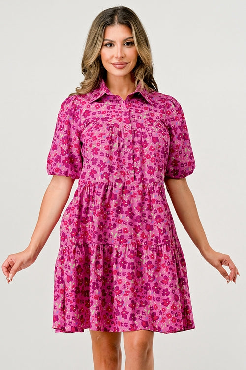 Floral Print Tiered Dress with Puff Sleeves - Button-Down Casual | Apparel | Kitchen + Metal