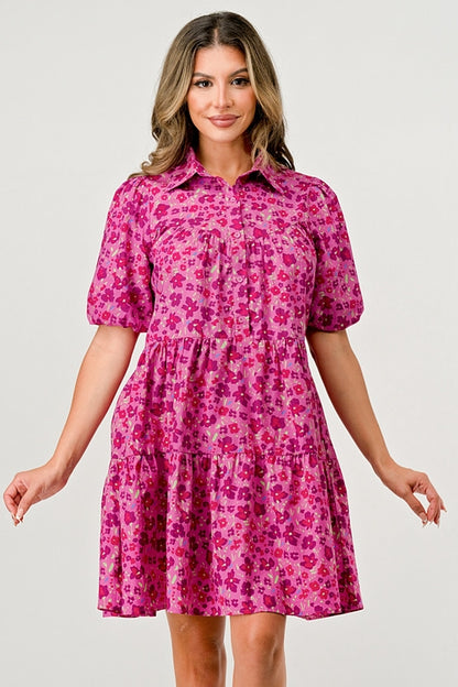 Floral Print Tiered Dress with Puff Sleeves - Button-Down Casual | Apparel | Kitchen + Metal
