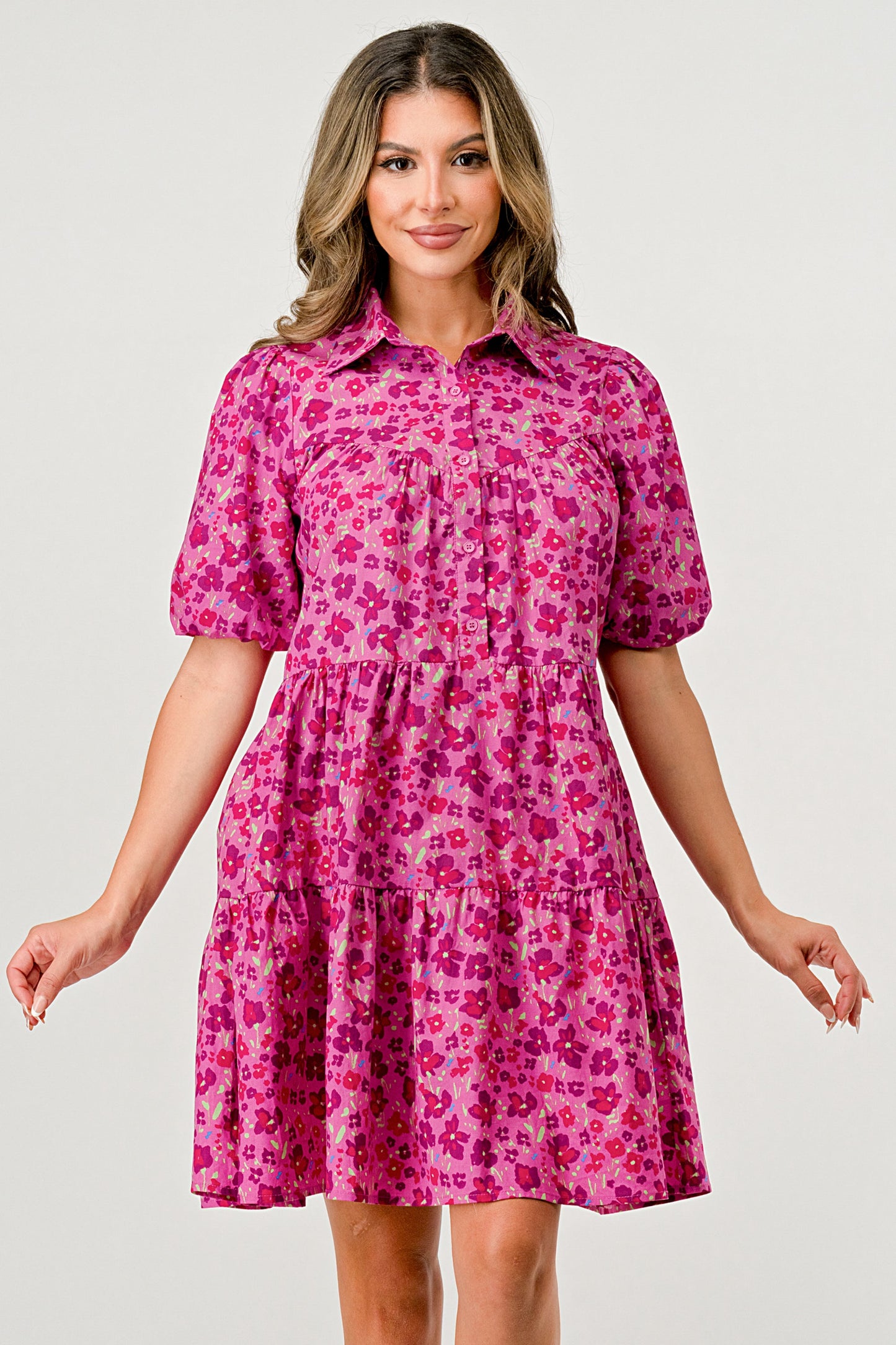 Floral Print Tiered Dress with Puff Sleeves - Button-Down Casual | Apparel | Kitchen + Metal