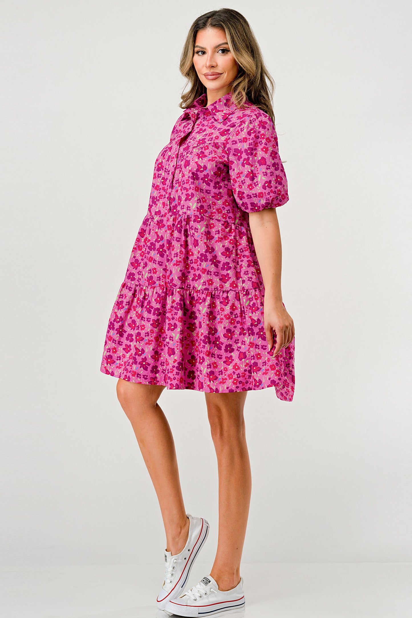 Floral Print Tiered Dress with Puff Sleeves - Button-Down Casual | Apparel | Kitchen + Metal