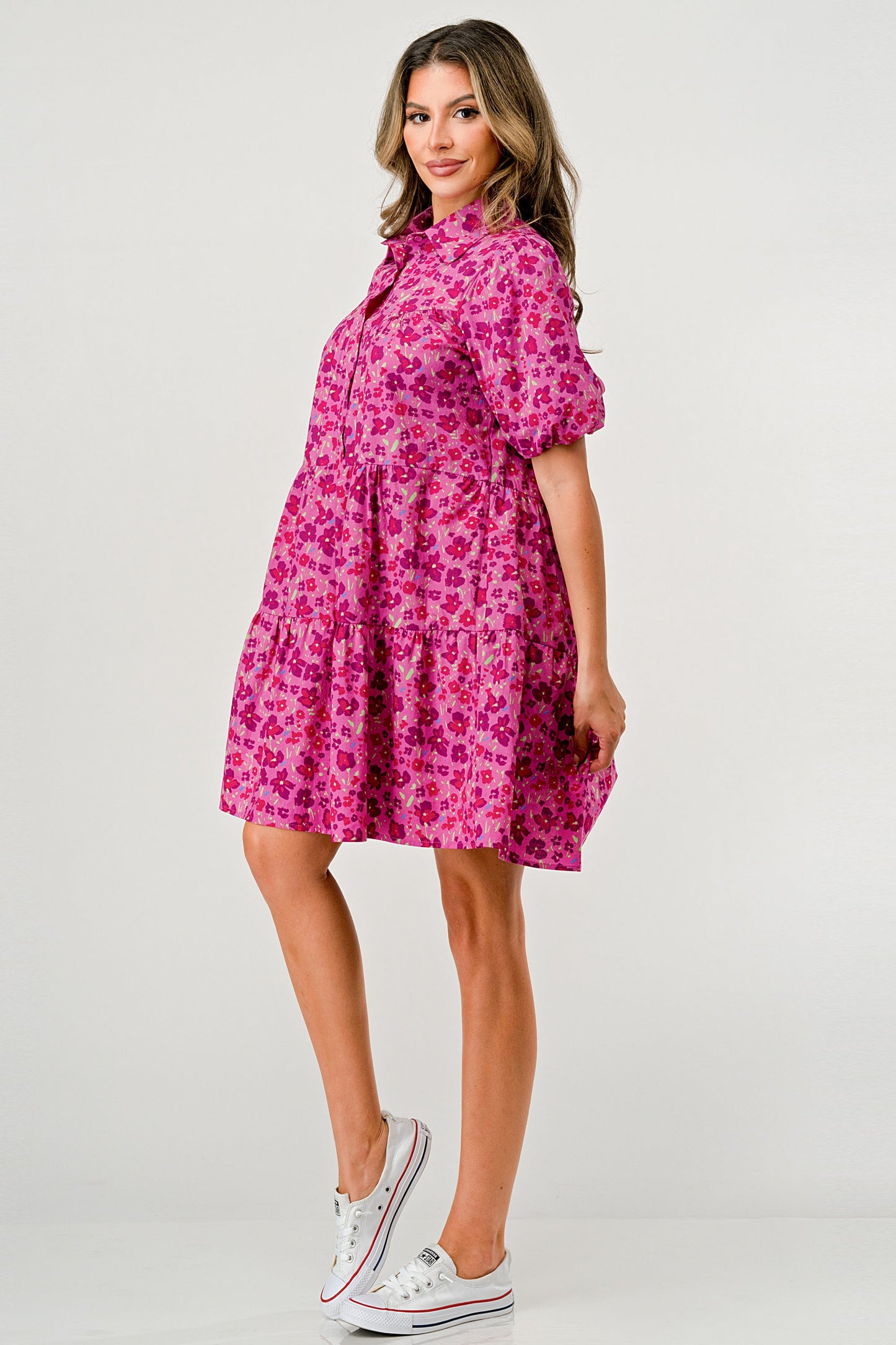 Floral Print Tiered Dress with Puff Sleeves - Button-Down Casual | Apparel | Kitchen + Metal