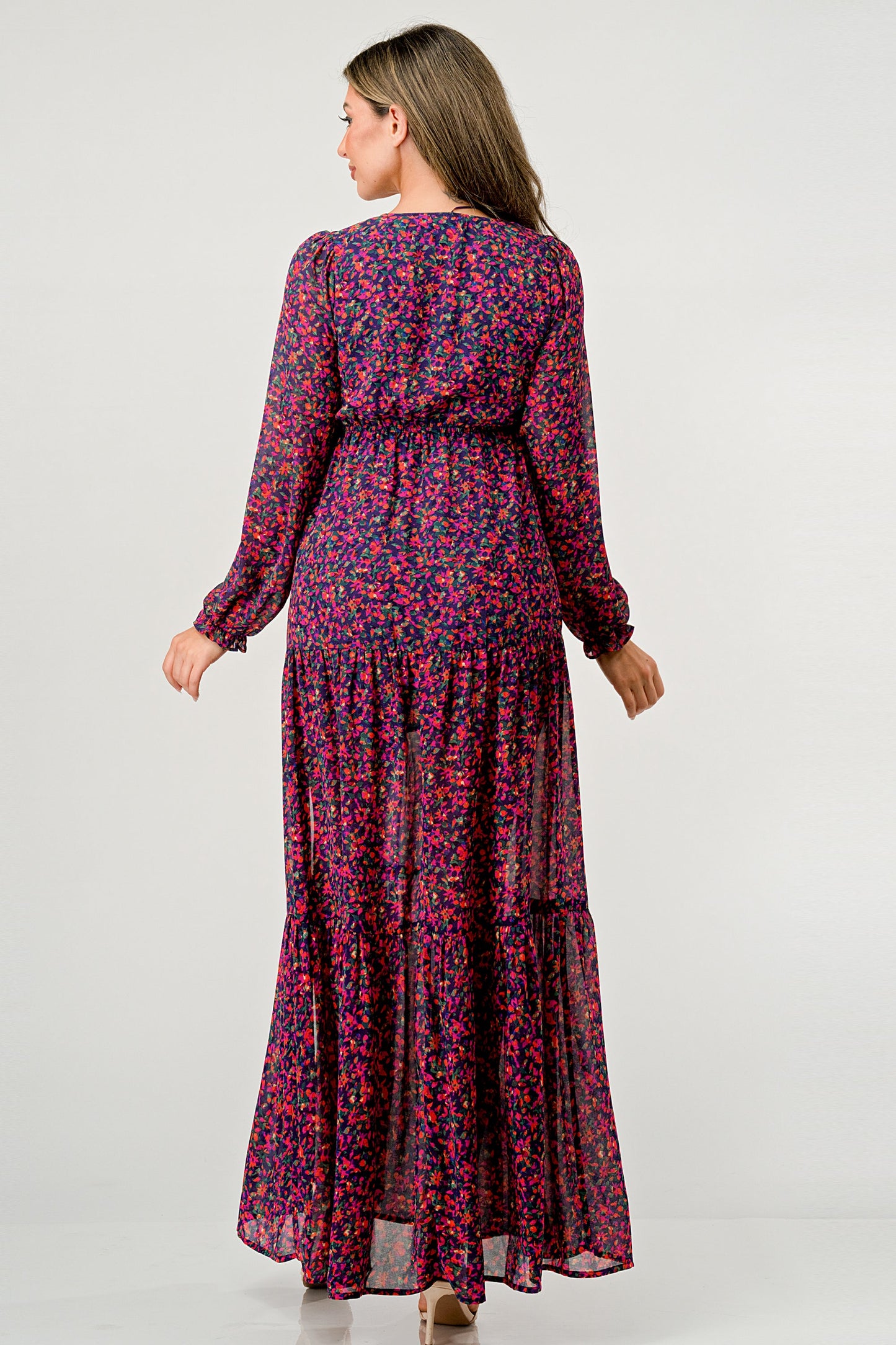 Floral V-Neck Long Sleeve Maxi Dress with Tiered Skirt and Side Slit | Apparel | Kitchen + Metal
