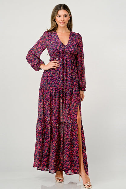 Floral V-Neck Long Sleeve Maxi Dress with Tiered Skirt and Side Slit | Apparel | Kitchen + Metal