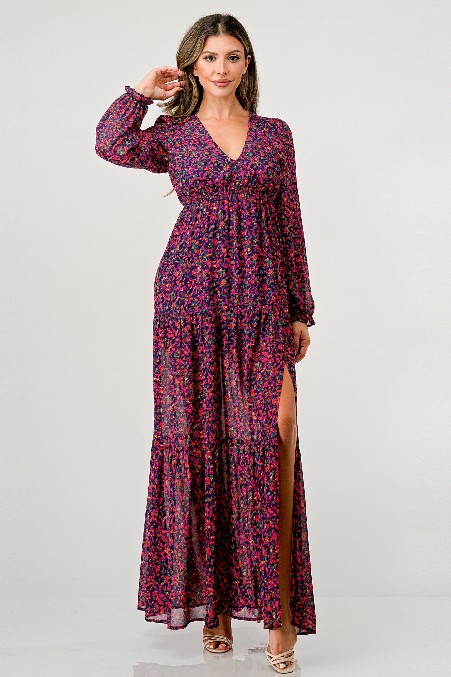 Floral V-Neck Long Sleeve Maxi Dress with Tiered Skirt and Side Slit | Apparel | Kitchen + Metal