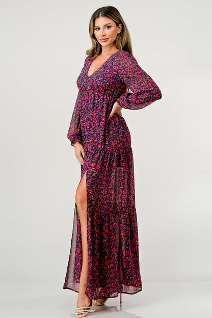 Floral V-Neck Long Sleeve Maxi Dress with Tiered Skirt and Side Slit | Apparel | Kitchen + Metal