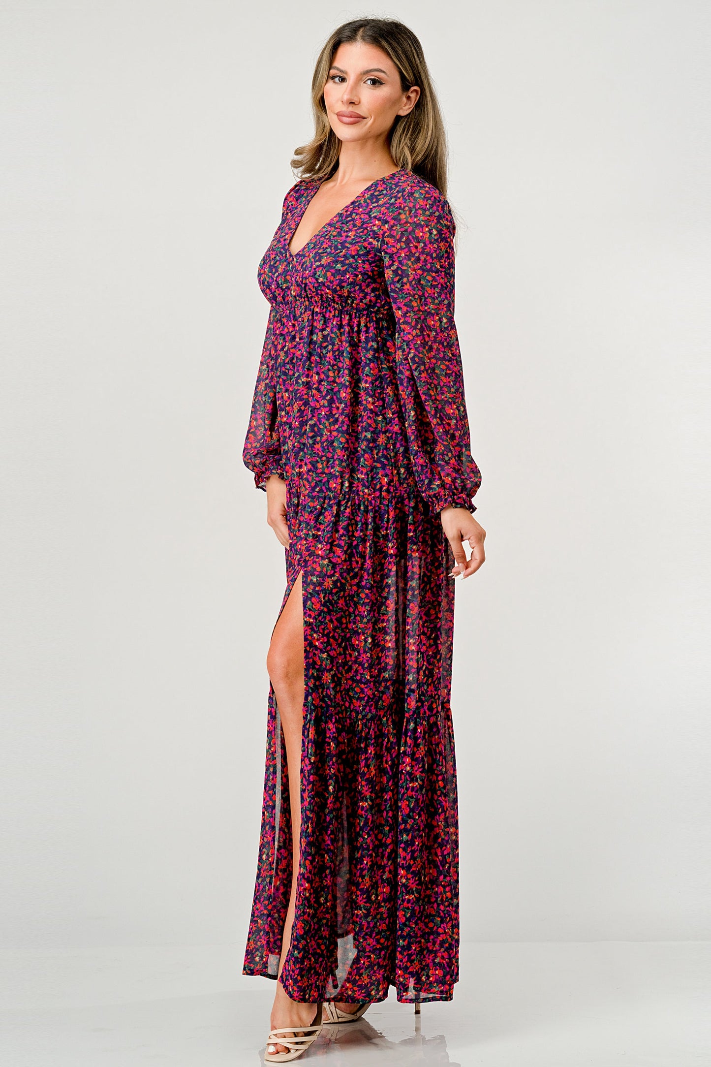 Floral V-Neck Long Sleeve Maxi Dress with Tiered Skirt and Side Slit | Apparel | Kitchen + Metal