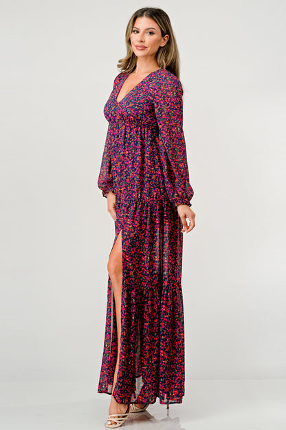 Floral V-Neck Long Sleeve Maxi Dress with Tiered Skirt and Side Slit | Apparel | Kitchen + Metal
