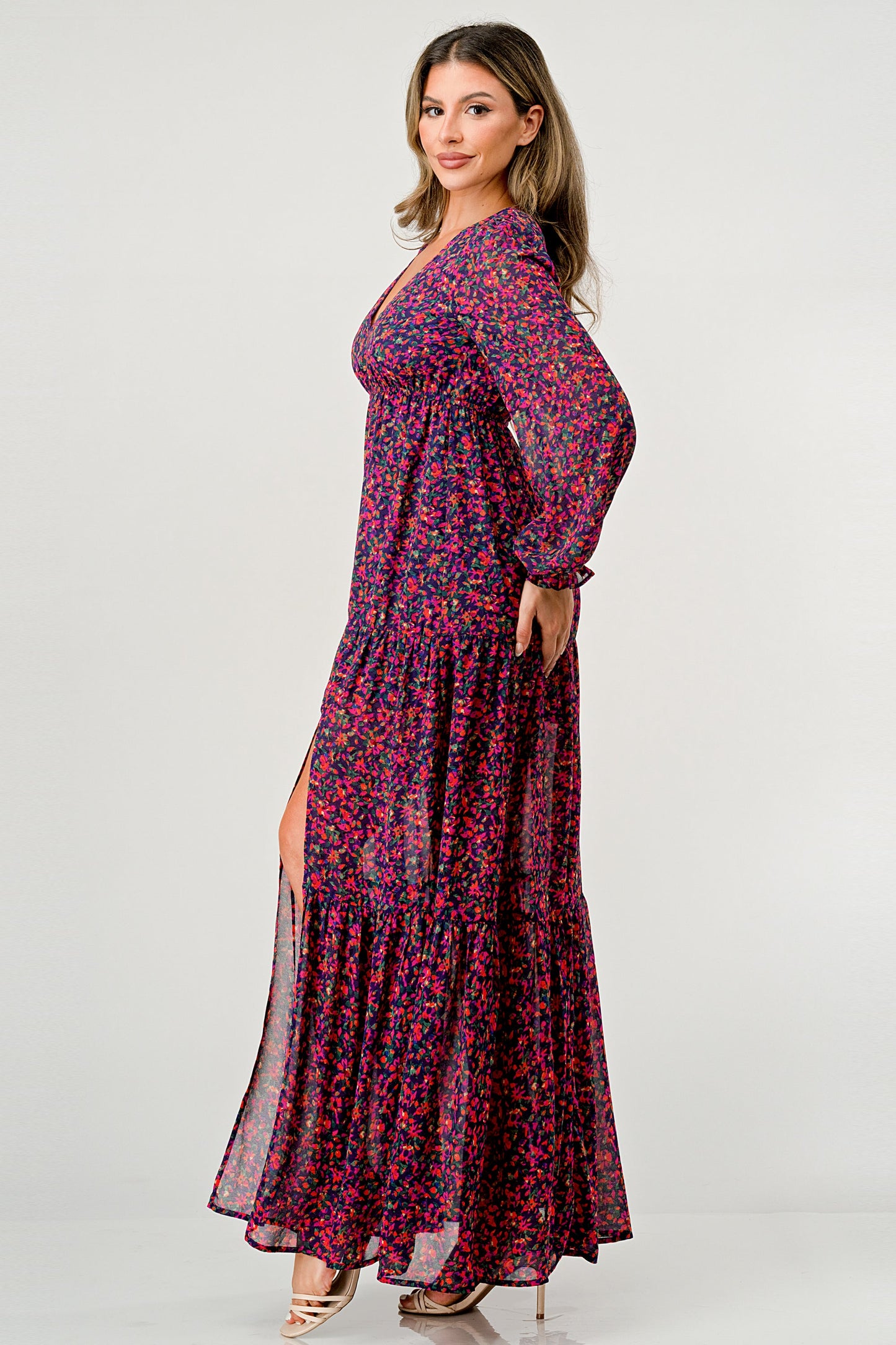 Floral V-Neck Long Sleeve Maxi Dress with Tiered Skirt and Side Slit | Apparel | Kitchen + Metal