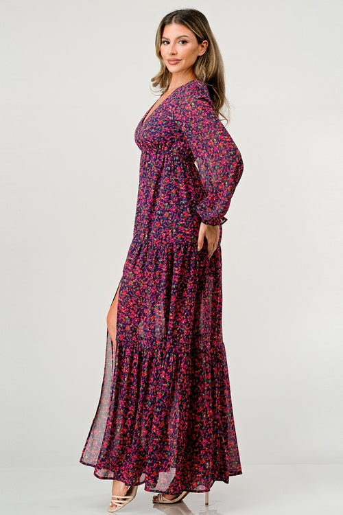 Floral V-Neck Long Sleeve Maxi Dress with Tiered Skirt and Side Slit | Apparel | Kitchen + Metal