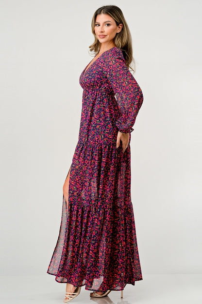Floral V-Neck Long Sleeve Maxi Dress with Tiered Skirt and Side Slit | Apparel | Kitchen + Metal