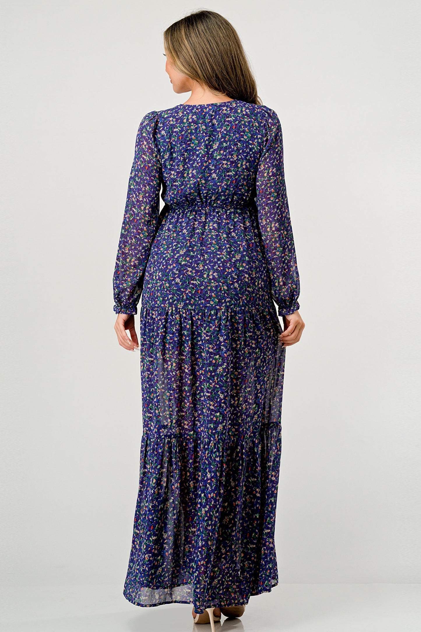 Floral V-Neck Long Sleeve Maxi Dress with Tiered Skirt and Side Slit | Apparel | Kitchen + Metal