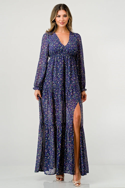 Floral V-Neck Long Sleeve Maxi Dress with Tiered Skirt and Side Slit | Apparel | Kitchen + Metal