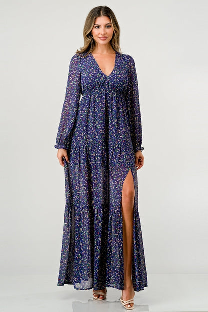 Floral V-Neck Long Sleeve Maxi Dress with Tiered Skirt and Side Slit | Apparel | Kitchen + Metal