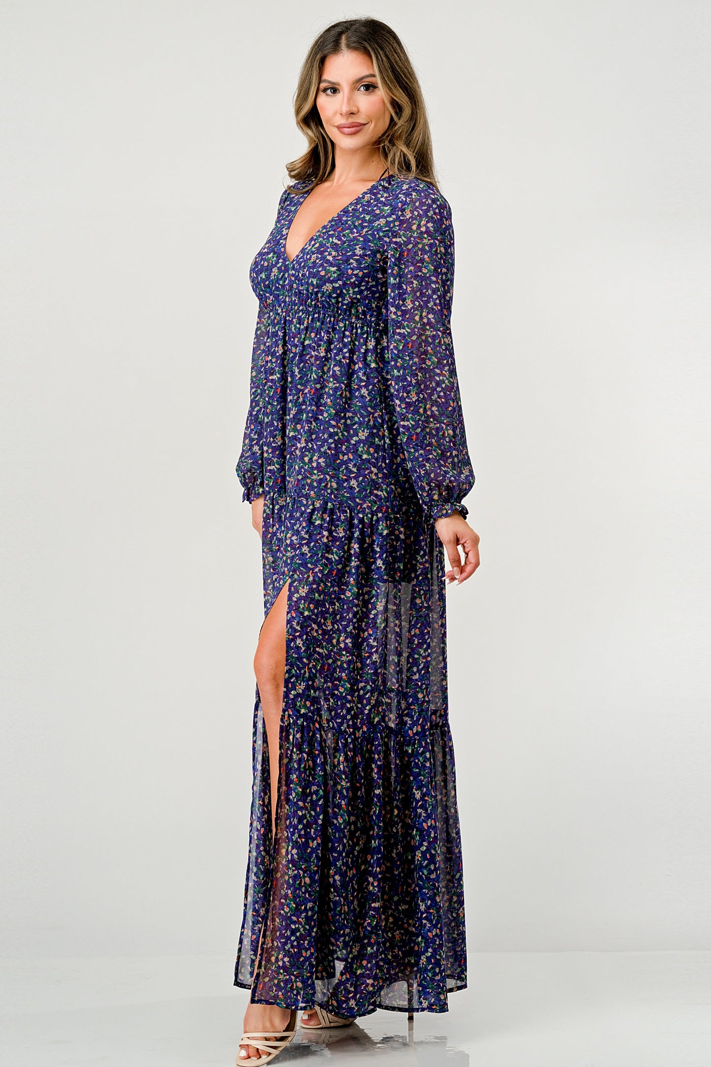 Floral V-Neck Long Sleeve Maxi Dress with Tiered Skirt and Side Slit | Apparel | Kitchen + Metal