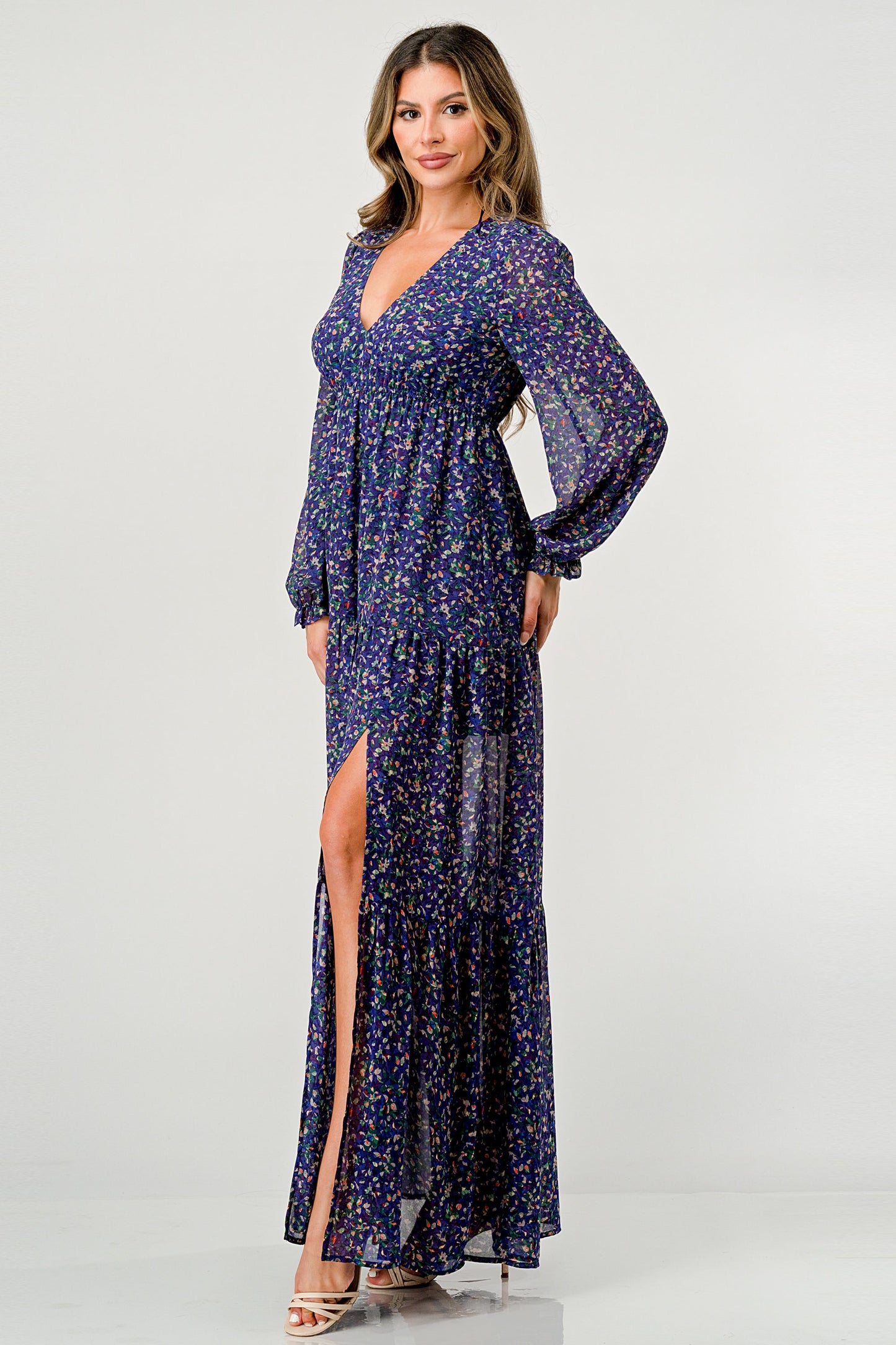Floral V-Neck Long Sleeve Maxi Dress with Tiered Skirt and Side Slit | Apparel | Kitchen + Metal