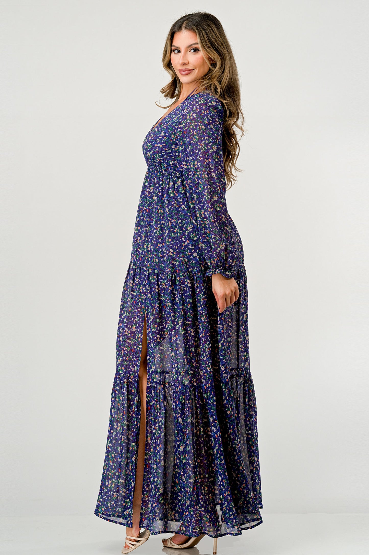 Floral V-Neck Long Sleeve Maxi Dress with Tiered Skirt and Side Slit | Apparel | Kitchen + Metal