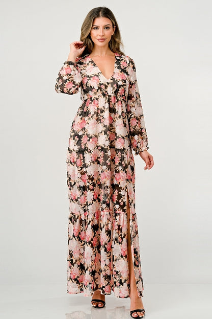 Long Sleeve Maxi Dress with High Slit and Tiered Skirt
