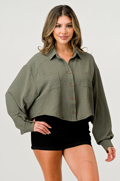 Women's Oversized Button-Up Shirt - Casual and Stylish Cropped Top | Apparel | Kitchen + Metal