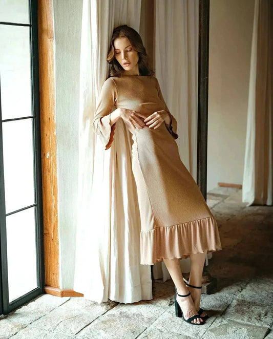 MARJORIE Ruffle Rib Dress, in Camel Brown