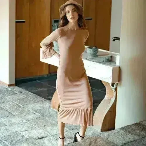 MARJORIE Ruffle Rib Dress, in Camel Brown