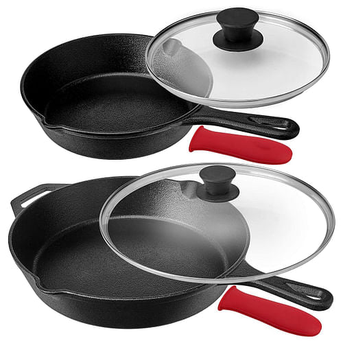 MegaChef Pre-Seasoned 6 Piece Cast Iron Skillet Set with Lids and Red
