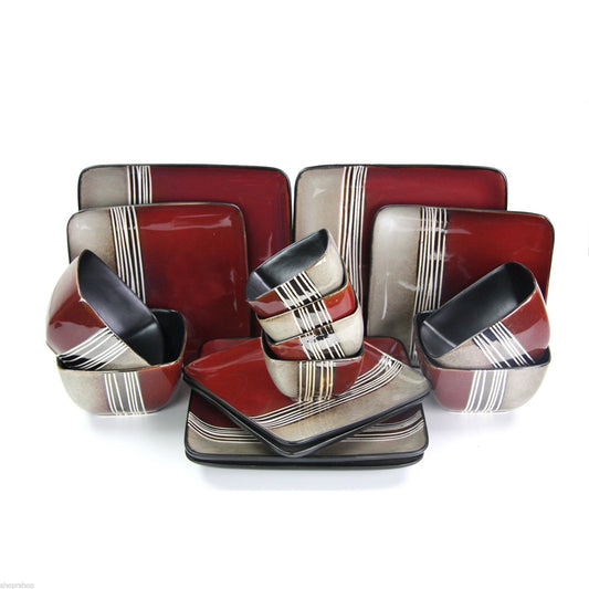 Elama ELM-DOWNTOWN16 16 Piece Double Bowl Stoneware Dinnerware Set | Kitchen + Metal