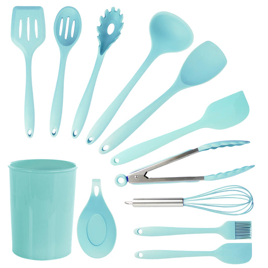 MegaChef Light Teal Silicone Cooking Utensils, Set of 12 | Kitchen Accessories | Kitchen + Metal
