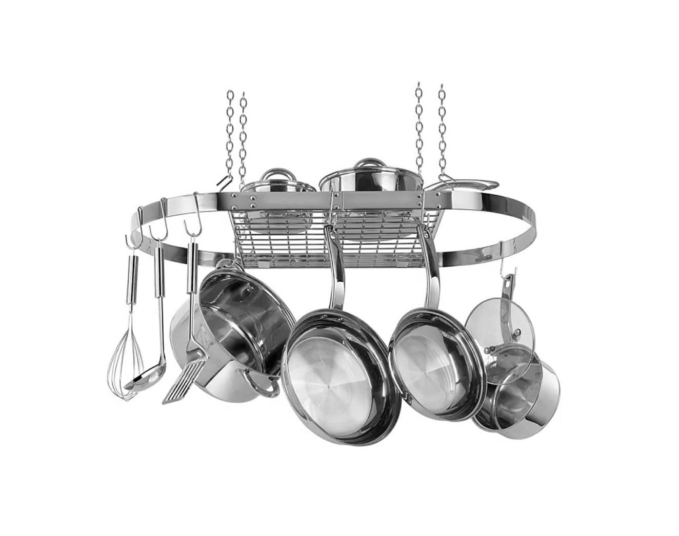 Modern Ceiling Mounted Stainless Steel Oval Hanging Pot Rack | Kitchen + Metal
