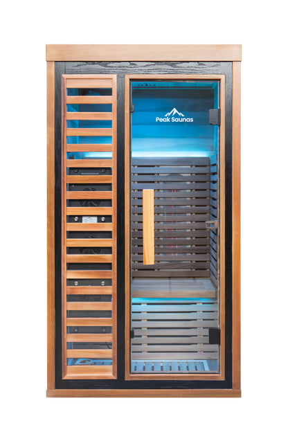 Peak Saunas Rainier 1-Person Full Spectrum Infrared Sauna with XL Medical-Grade Red Light Therapy & Smart WiFi App Control