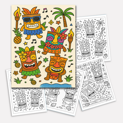 Tiki Party Vibes Coloring Pages – 48 Pages – Fun, Playful, Luau Adventures – For Kids