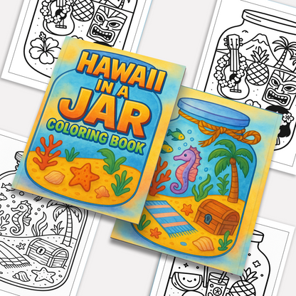 Hawaii in a Jar Coloring Pages – 48 Pages – Whimsical, Relaxing, Beach Aesthetic – For Adults