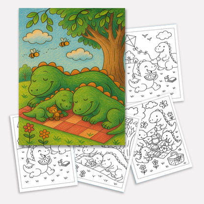 Dino Family Picnic Coloring Pages – 48 Pages – Fun, Cozy, Prehistoric Adventures – For Kids