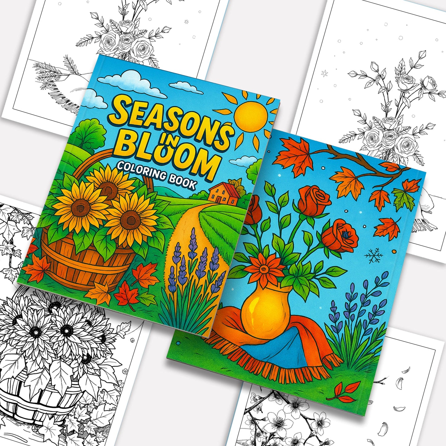 Seasons in Bloom – Flower Coloring Pages – 48 Pages – Cherry Blossoms, Lavender, Mums & Poinsettias – For Adults