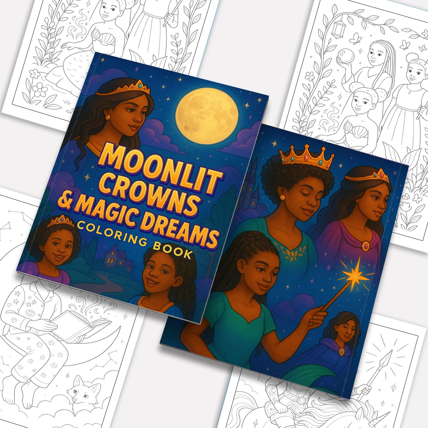 Moonlit Crowns & Magic Dreams Coloring Pages – 48 Fantasy Fairytale Scenes for Kids