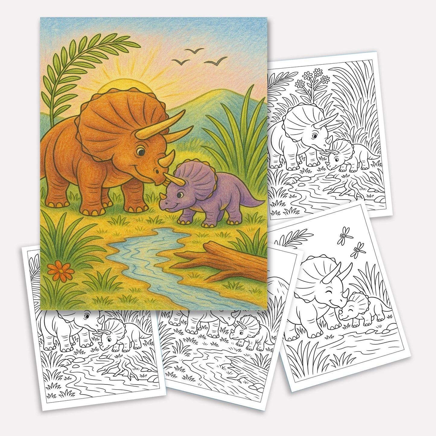 Triceratops Valley Coloring Pages – 48 Pages – Cute, Peaceful, Dinosaur Family Moments – For Kids