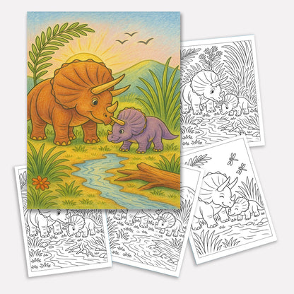 Triceratops Valley Coloring Pages – 48 Pages – Cute, Peaceful, Dinosaur Family Moments – For Kids