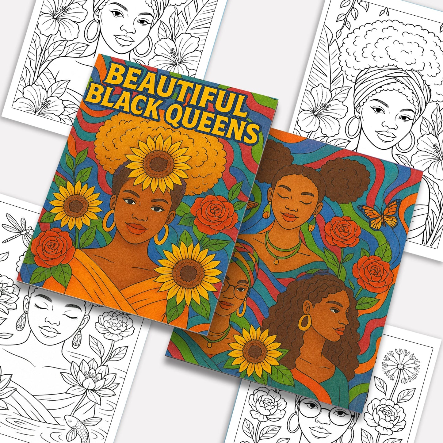 Beautiful Black Queens Coloring Pages – 48 Pages – Regal, Empowering, Afrocentric Beauty – For Adults