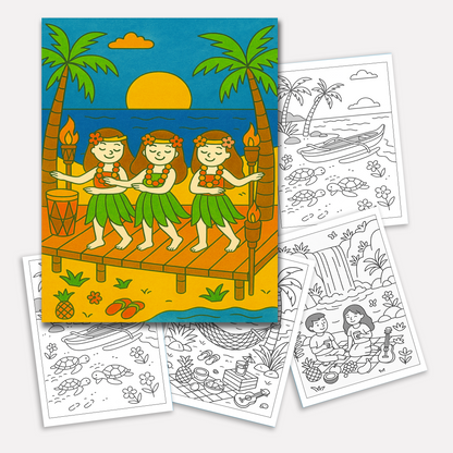 Sunshine & Hula Coloring Pages – 48 Pages – Fun, Tropical, Hawaiian Dances – For Kids