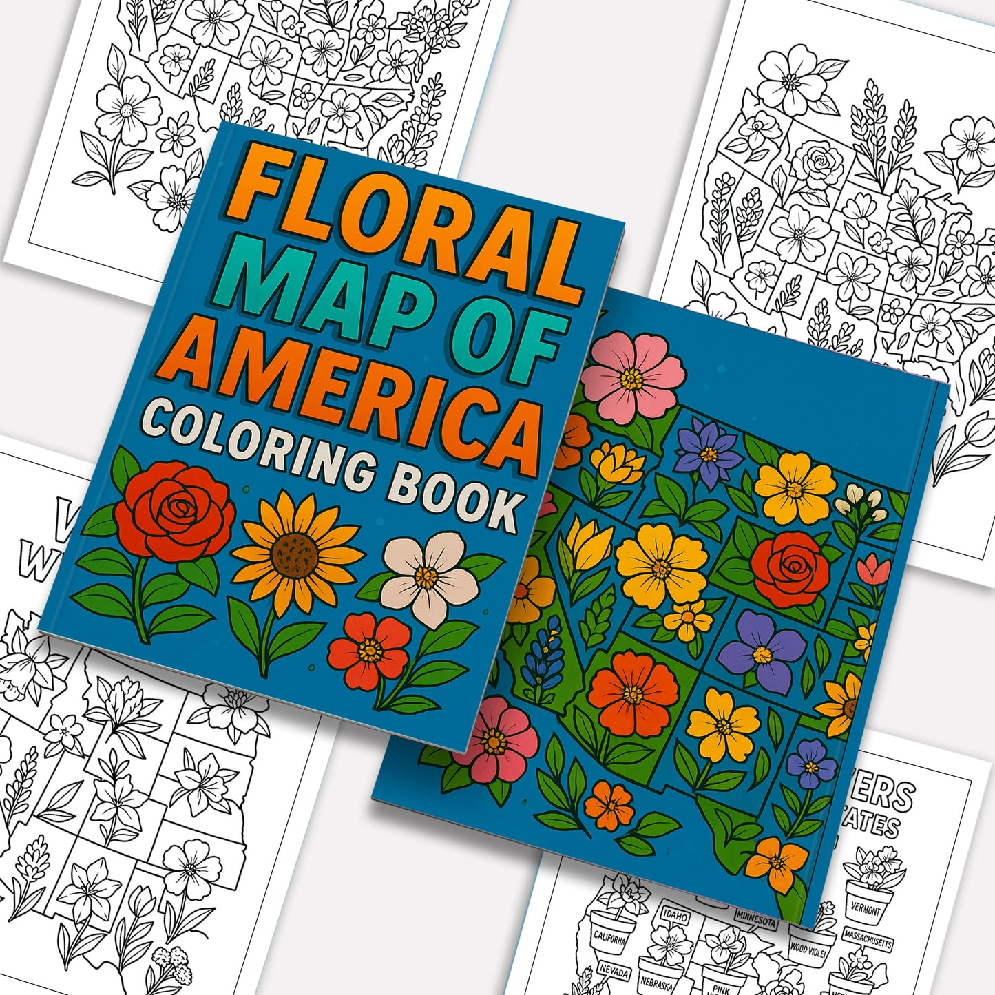 Floral Map of America – Coloring Pages – 48 State Flower Designs Across the U.S. – For Adults