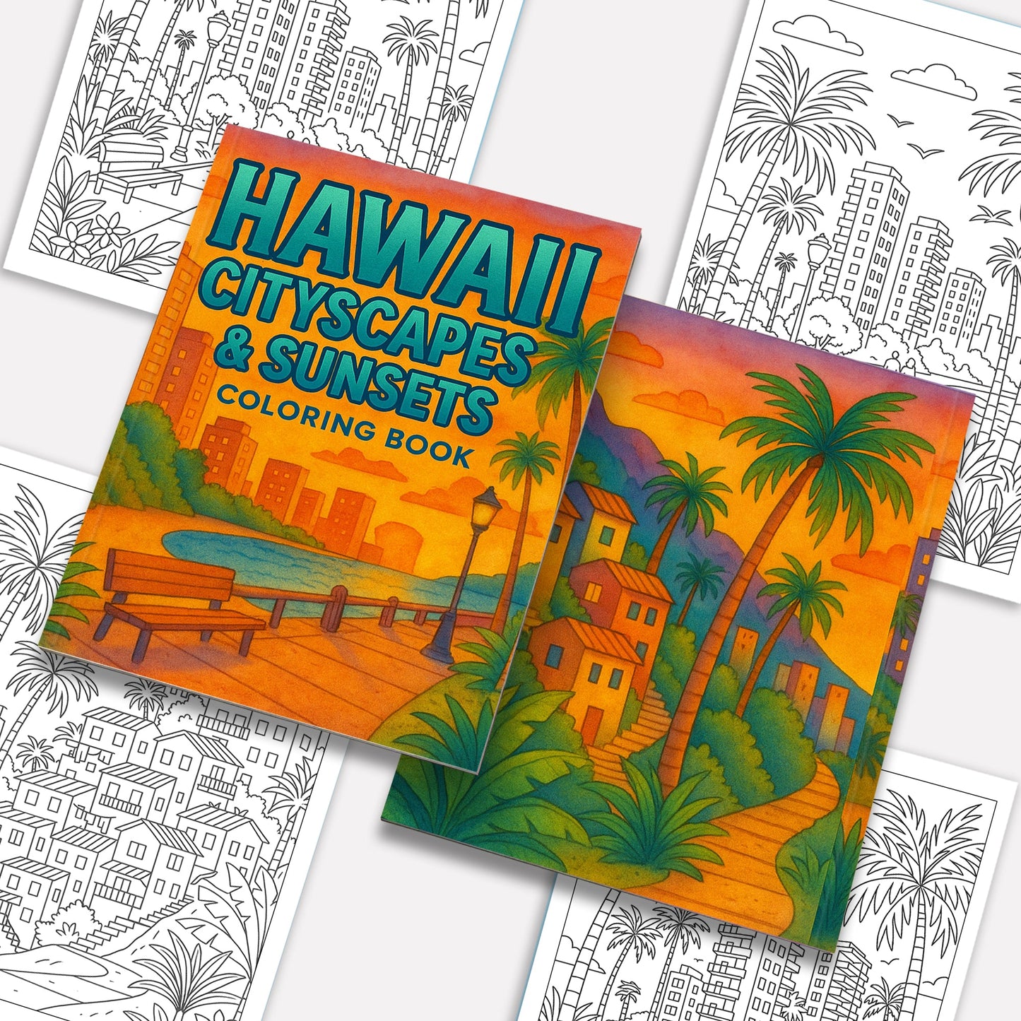Hawaii Cityscapes & Sunsets – Hawaii Coloring Pages – 48 Pages – Tropical Urban Scenes, Sunset Views – For Adults