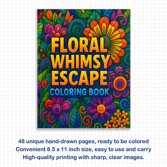 Floral Whimsy Escape – Flower Coloring Pages – 48 Pages – Intricate Blooms & Patterns – For Adults