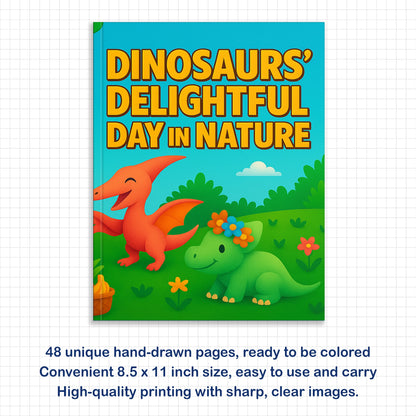 Dinosaurs’ Delightful Day in Nature – Dinosaur Coloring Pages – 48 Pages – Joyful, Outdoor, Prehistoric Scenes – For Kids