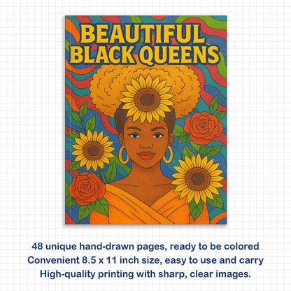 Beautiful Black Queens Coloring Pages – 48 Pages – Regal, Empowering, Afrocentric Beauty – For Adults