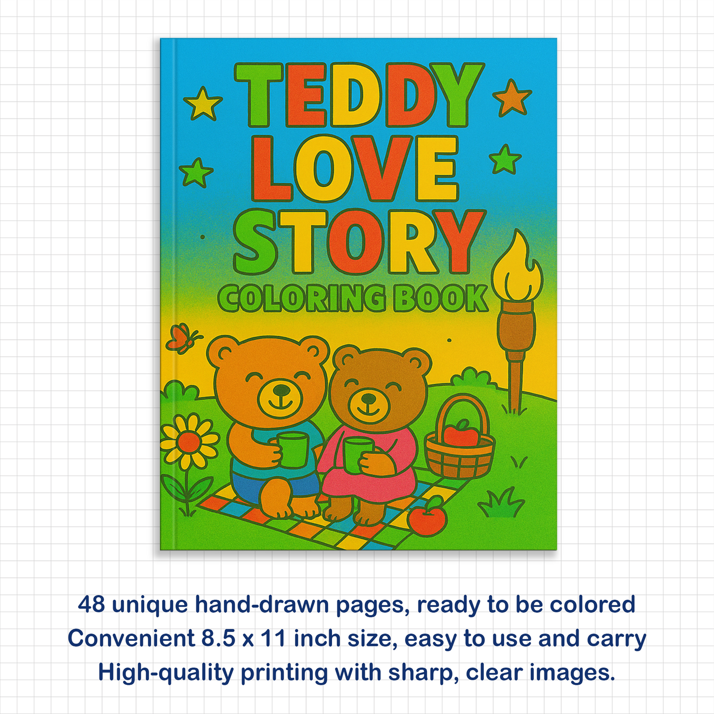 Teddy Love Story – Animal Coloring Pages – 48 Pages – Cute, Cozy, Heartwarming Moments – For Kids