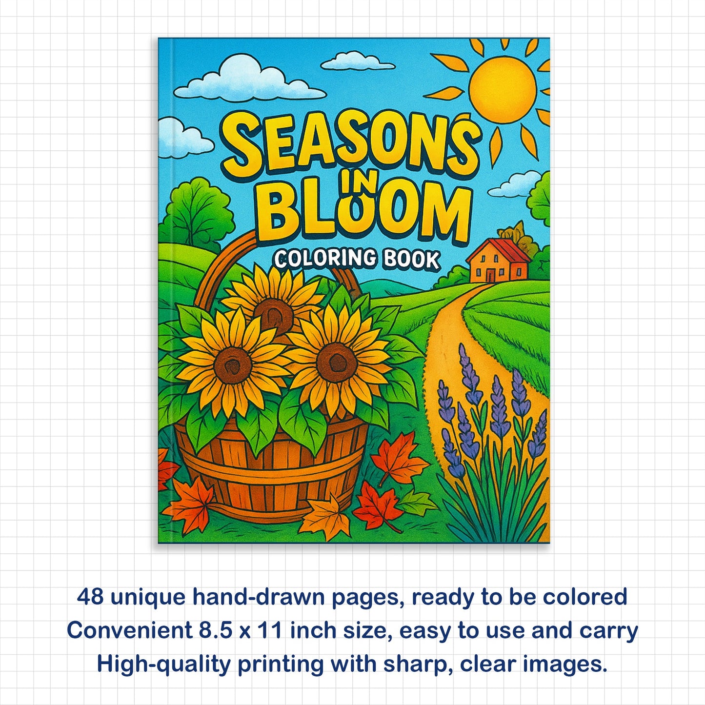 Seasons in Bloom – Flower Coloring Pages – 48 Pages – Cherry Blossoms, Lavender, Mums & Poinsettias – For Adults