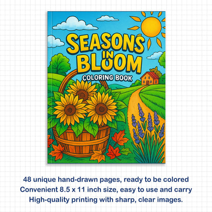 Seasons in Bloom – Flower Coloring Pages – 48 Pages – Cherry Blossoms, Lavender, Mums & Poinsettias – For Adults