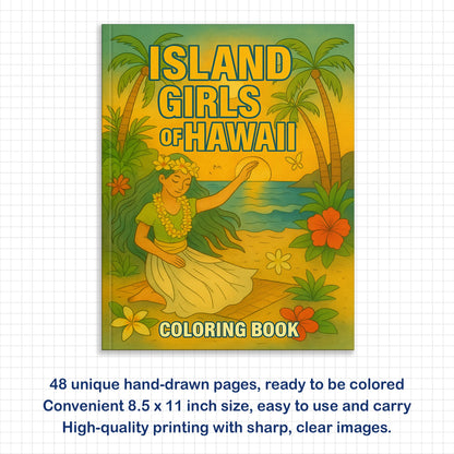 Island Girls of Hawaii Coloring Pages – 48 Tropical Portraits of Graceful Women & Scenic Views - For Adults