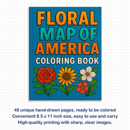 Floral Map of America – Coloring Pages – 48 State Flower Designs Across the U.S. – For Adults