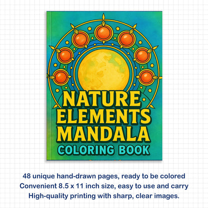 Nature Elements Mandala – Mandala Coloring Pages – 48 Pages – Leaves, Stones, Waves & Celestial Forms – For Adults