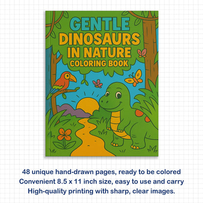 Gentle Dinosaurs in Nature Coloring Pages – 48 Pages – Cute, Calm, Jungle Adventures – For Children